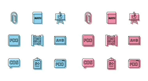 Set line Tablet with calculator, Book word mathematics, Geometric figure Pe.. Stock Illustration