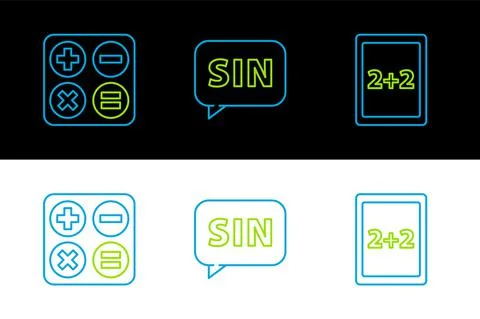 Set line Tablet with calculator, Calculator and Mathematics function sine icon Illustrazione stock
