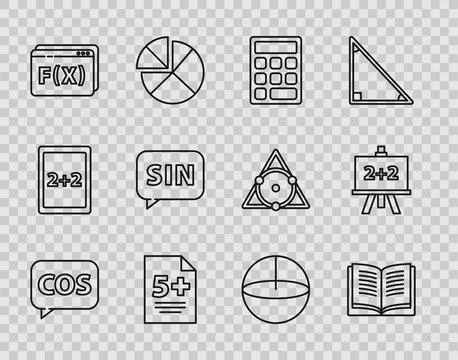 Set line Tablet with calculator, Equation solution, Triangle math, Calculator Illustrazione stock