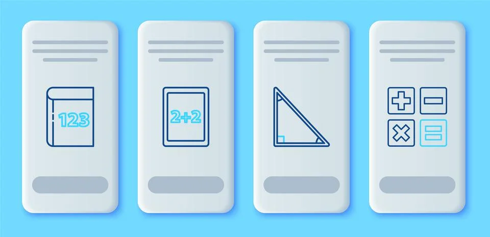 Set line Tablet with calculator, Triangle math, Book word mathematics and Cal Illustrazione stock