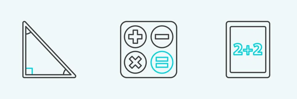 Set line Tablet with calculator, Triangle math and Calculator icon. Vector Stock Illustration