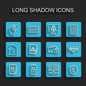 Set line Tablet with closed padlock, Mobile, Human head, Server, Data, Web Stock Illustration