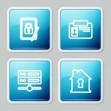 Set line Tablet with closed padlock, Identification badge, Server, Data, We.. Stockillustratie