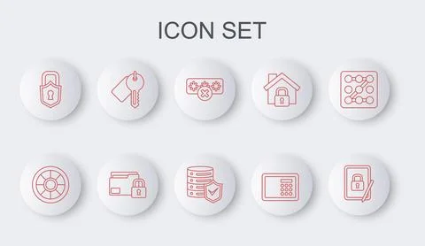 Set line Tablet with closed padlock, Safe, Password protection, Lock, Marke.. Stock Illustration