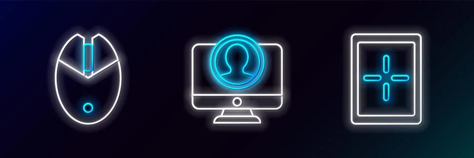 Set line Tablet, Computer mouse gaming and Create account screen icon. Glowin Stock Illustration
