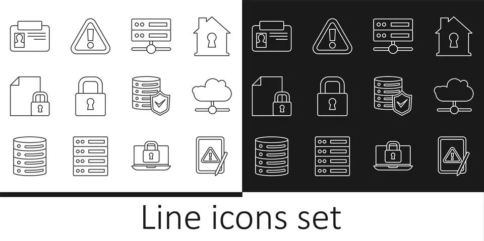 Set line Tablet with exclamation mark, Network cloud connection, Server, Data Illustrazione stock