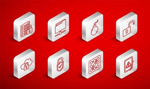 Set line Tablet with exclamation mark, FTP folder, Bomb ready to explode, Open 스톡 일러스트