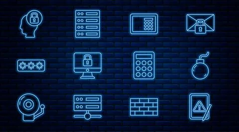 Set line Tablet with exclamation mark, Bomb ready to explode, Safe, Lock Stock Illustration