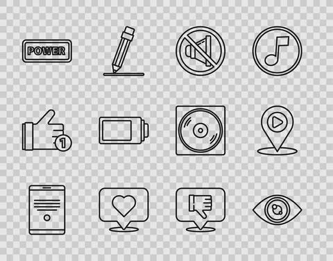 Set line Tablet, Eye, Speaker mute, Like and heart, Power button, Battery charge Stock Illustration
