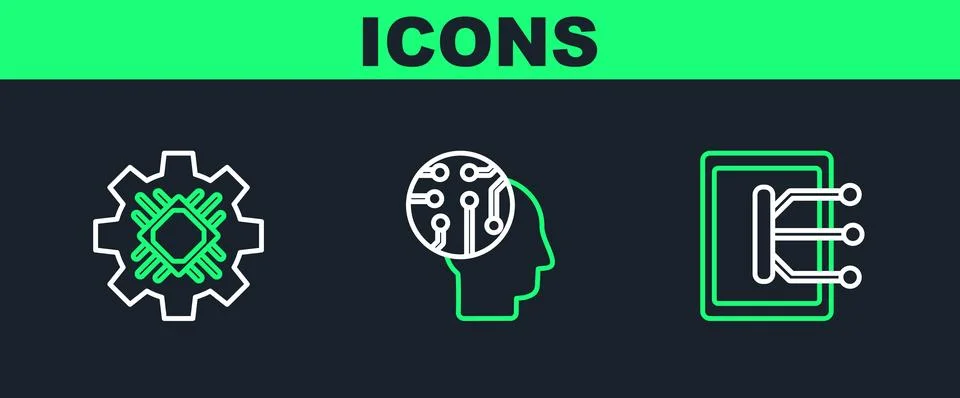 Set line Tablet, Processor and Human brain as digital circuit board icon. Vector Illustrazione stock