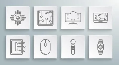 Set line Tablet, Processor, Computer mouse, Gamepad, Smartwatch, monitor screen Illustrazione stock