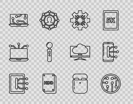 Set line Tablet, Processor, Hard disk drive HDD, Laptop, Gamepad, Air headp.. Stock Illustration