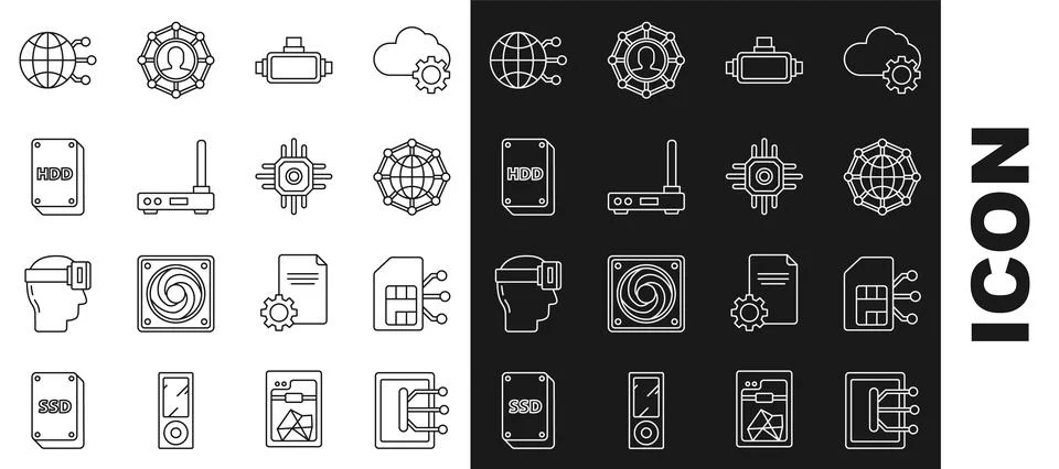 Set line Tablet, Sim card, Global technology or social network, Virtual reality Stock Illustration