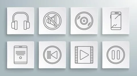 Set line Tablet, Speaker mute, Rewind, Play Video, Pause button, Vinyl disk,  Illustrazione stock
