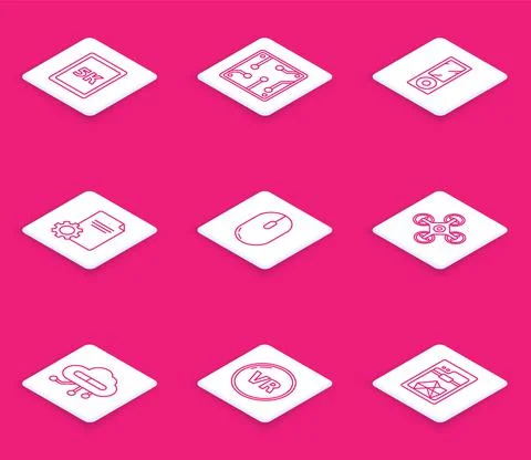 Set line Tablet with text 5k, Processor, Music player, File document, Computer Stockillustratie