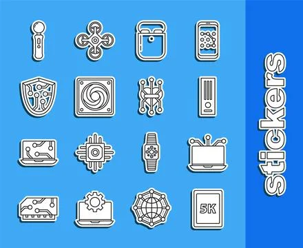 Set line Tablet with text 5k, Laptop, Video game console, Air headphones in b Ilustración de archivo