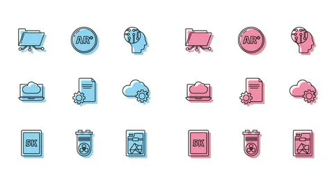 Set line Tablet with text 5k, Video graphic card, Folder and lock, 3D printer Illustrazione stock