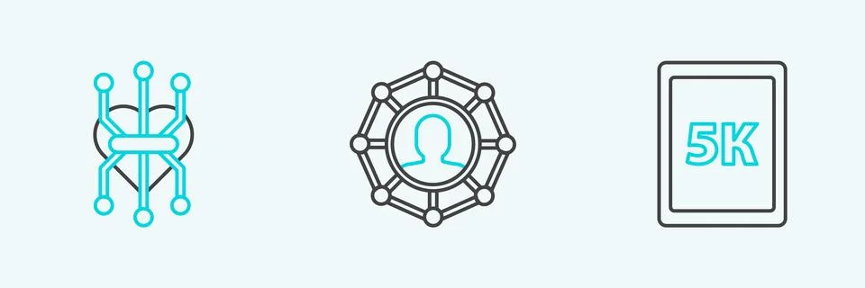 Set line Tablet with text 5k, Processor and Project team base icon. Vector Stock Illustration