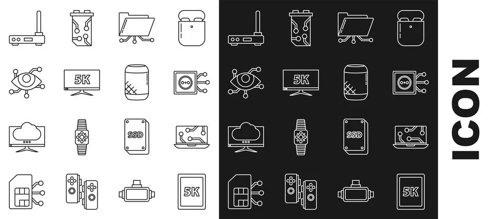 Set line Tablet with text 5k, Laptop, Remote control, Folder and lock, Moni.. Illustrazione stock