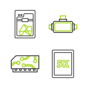 Set line Tablet with text 5k, RAM, random access memory, Virtual reality gl.. Illustrazione stock