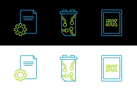 Set line Tablet with text 5k, File document and Video graphic card icon. Vect Stock Illustration