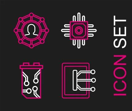 Set line Tablet Video graphic card Processor and Project team base icon. Vect イラスト素材