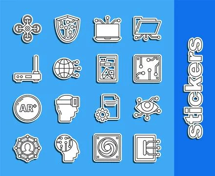 Set line Tablet, Virtual reality, Processor, Laptop, Global technology social Stock Illustration