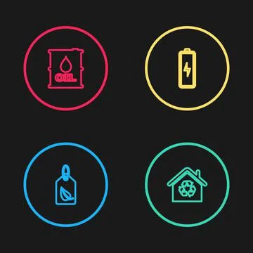Set line Tag with leaf, Eco House recycling, Battery and Oil barrel icon. Vector Ilustración de archivo