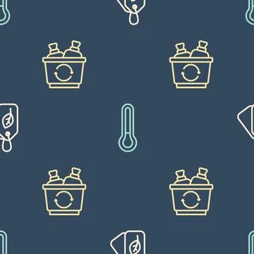 Set line Tag with leaf, Recycle bin and Thermometer on seamless pattern. Vector イラスト素材