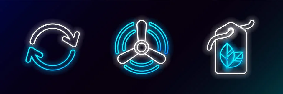Set line Tag with leaf symbol, Refresh and Wind turbine icon. Glowing neon Stock Illustration