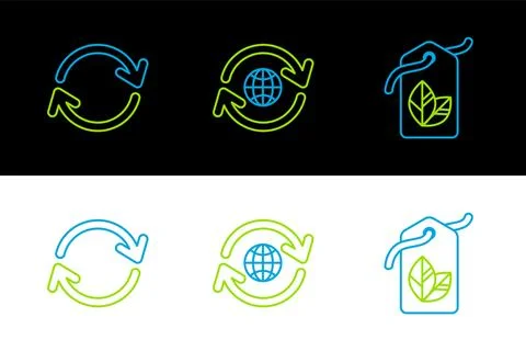 Set line Tag with leaf symbol, Refresh and Planet earth and recycling icon... Stock Illustration