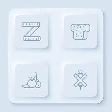 Set line Tape measure, Bread toast, Fruit and No doping syringe. White square Illustrazione stock