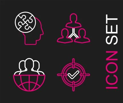 Set line Target and check mark, Globe people, Project team base and Human head Stock Illustration
