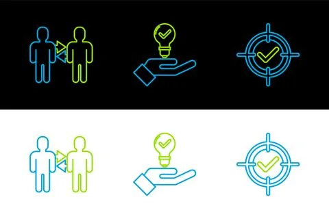 Set line Target and check mark, Project team base and Light bulb in hand ic.. Stock Illustration