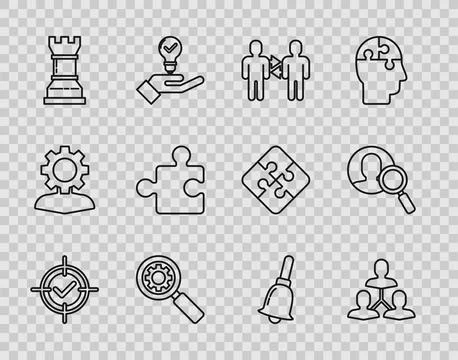 Set line Target and check mark, Project team base, Magnifying glass gear, B.. Stock Illustration