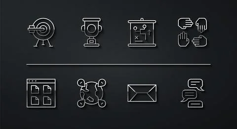Set line Target with arrow, Browser files, Project team base, Envelope, Location Illustrazione stock