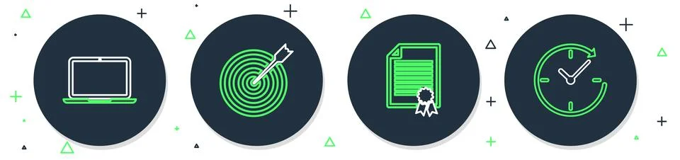 Set line Target with arrow, Certificate template, Laptop and Clock icon. Vect Stock Illustration