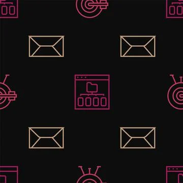 Set line Target with arrow, Envelope and Browser files on seamless pattern Stock Illustration