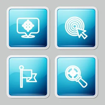 Set line Target, with arrow, Flag and magnifying glass icon. Vector Stock Illustration