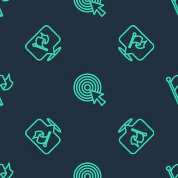 Set line Target with arrow, Flag and on seamless pattern. Vector Stock Illustration