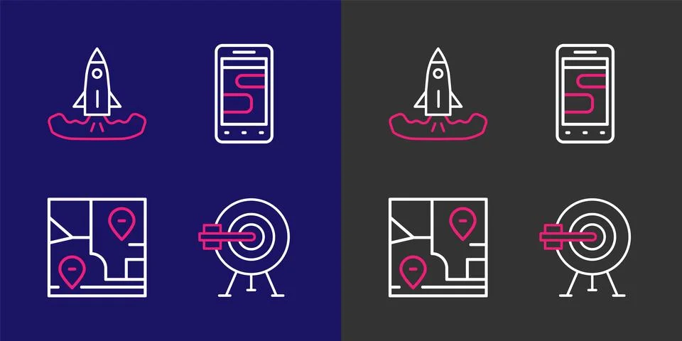 Set line Target with arrow, Folded map location, Chat messages phone and Ro.. Stock-Illustration