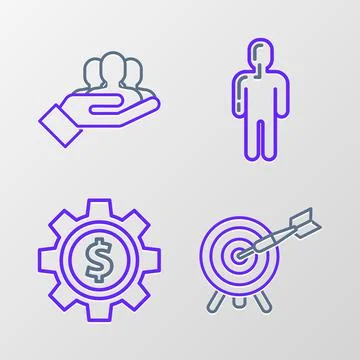 Set line Target with arrow, Gear dollar symbol, User of man in business suit  Stock Illustration