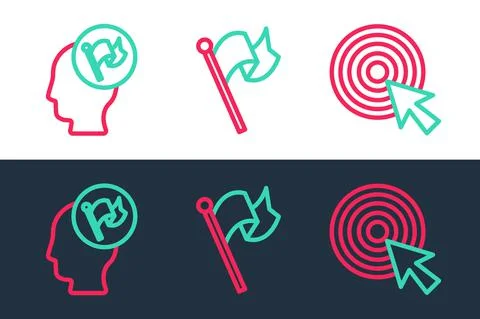Set line Target with arrow, Hand holding flag and Flag icon. Vector Иллюстрация