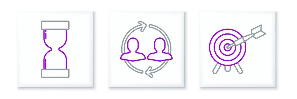 Set line Target with arrow, Old hourglass flowing sand and Human resources .. Stock Illustration