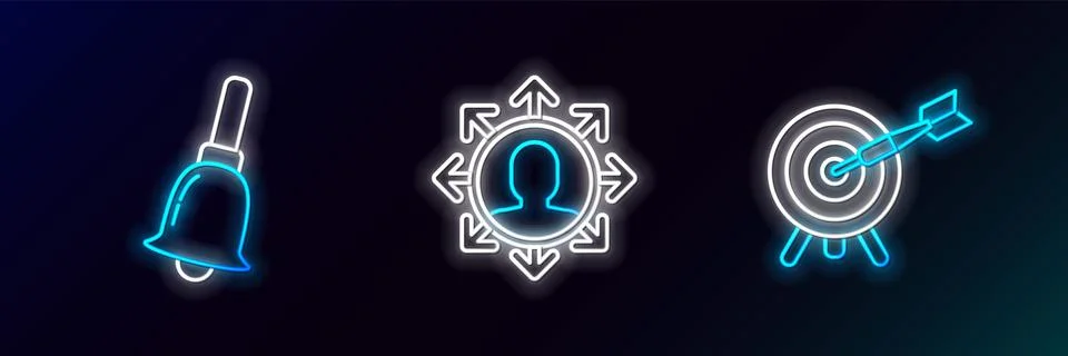 Set line Target with arrow, Ringing bell and Project team base icon. Glowin.. Stock Illustration