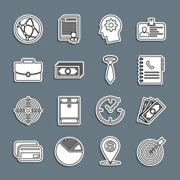 Set line Target with arrow, Stacks paper money cash, Phone book, Human head gear 스톡 일러스트