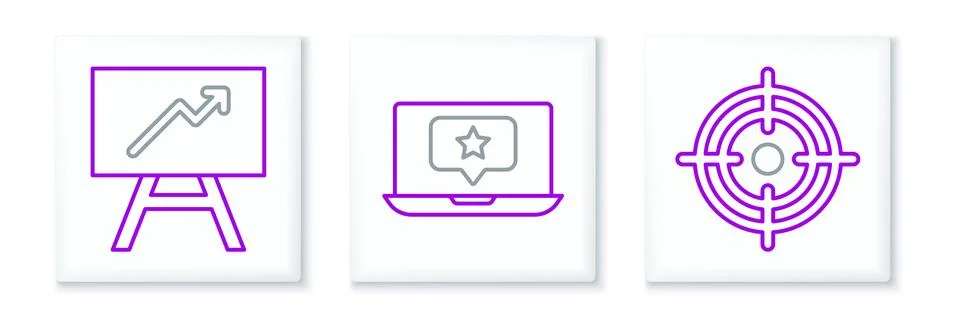 Set line Target, Board with graph chart and Laptop star icon. Vector Stock Illustration