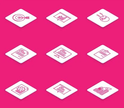 Set line Target, Board with graph chart, Pie infographic, Resume, Computer .. 스톡 일러스트