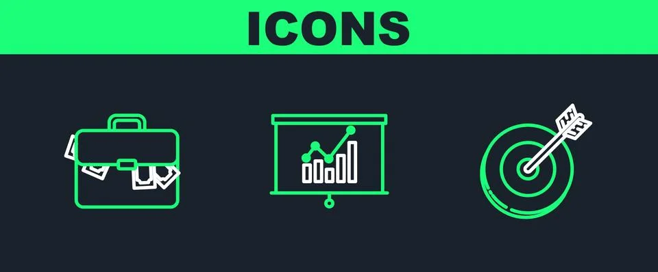 Set line Target, Briefcase and money and Board with graph chart icon. Vector Stock Illustration