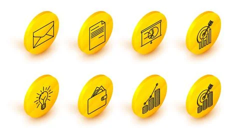 Set line Target with coin symbol, Pie chart infographic and, Wallet stacks paper Stock Illustration